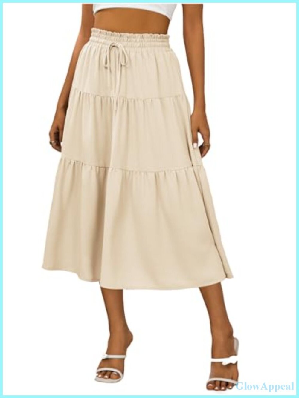 Womens Boho Midi Skirt A-Line High Waist Flowy Pleated Ruffle Hem